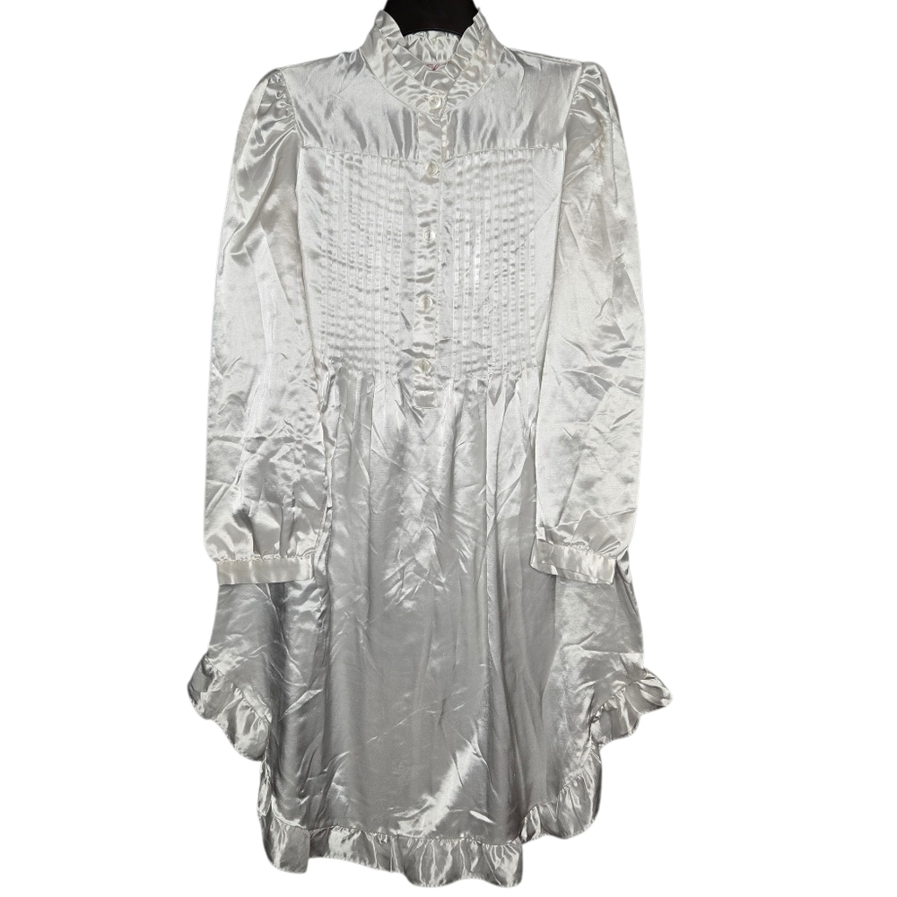 Vintage Gilead White Liquid Satin Victorian Nightgown Puff Long Sleeve Mock Neck
